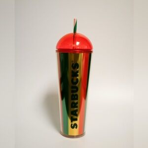 NWOT Starbucks 2024 Metallic Red, Green & Gold Stripe Cold Cup Dome Tumbler